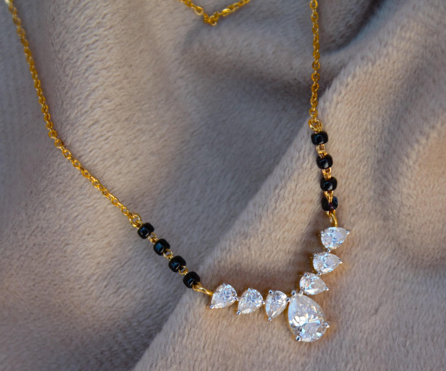 Moissanite & Black Beads Mangalsutra, Gold Chain Necklace, Handmade Beaded Jewelry, Indian Traditional Jewelry for Bride, Wedding Necklace