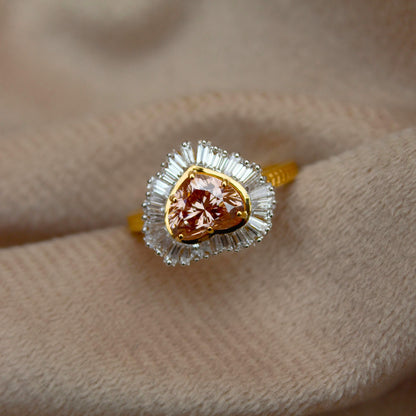 Natural Diamond with Lab Grown Diamond Heart Ring, 18K Solid Yellow Gold Ring, Heart Shape Engagement Ring for Bride, Baguette Diamond Ring