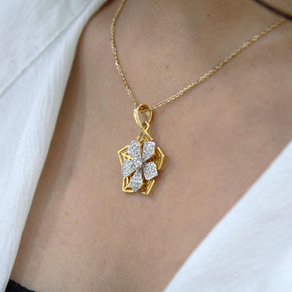 Yellow Gold Diamond Jewelry Set, 18k Gold Pendant Earring Set, Floral Design Classic Jewelry, Gold Chain Pendant with Stud Earrings for Her