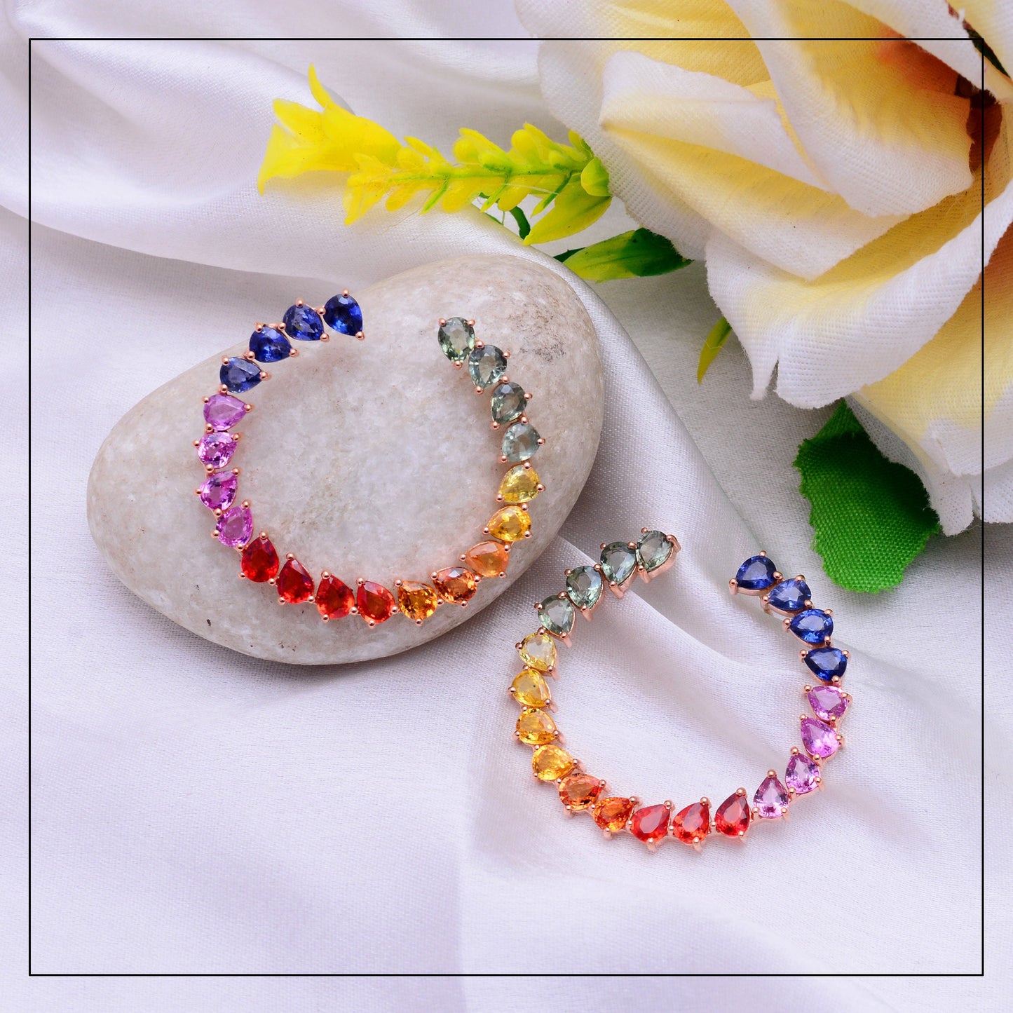 Multi Color Rainbow Sapphire Earrings - Solid Gold loops