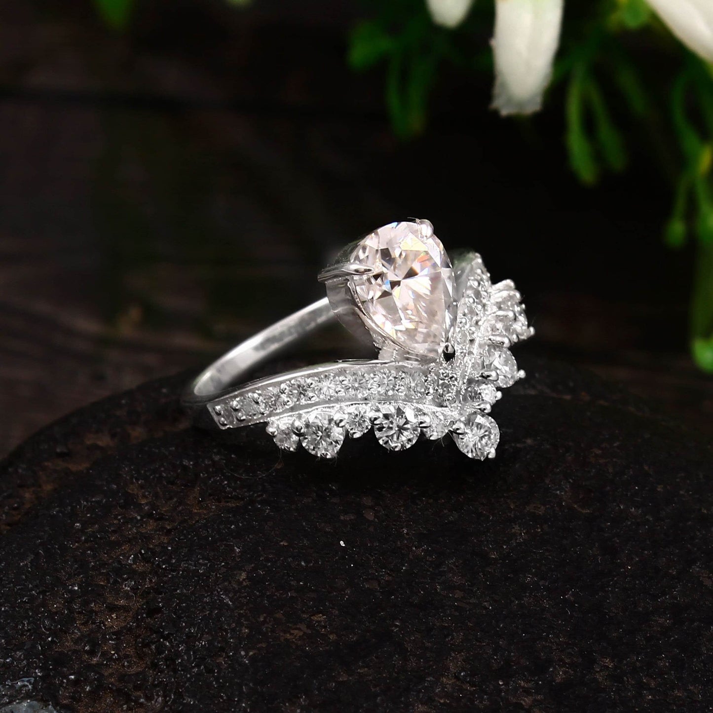 1.5 carat tcw Pear & Round Colorless Moissanite Ring