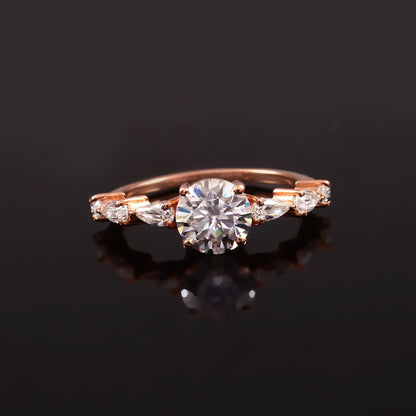 1 Carat Round With Side Pear Stones Ring, Gold Moissanite Ring, Designer Handmade Jewelry, Round Gold Ring, Solitaire Gold Moissanite Ring