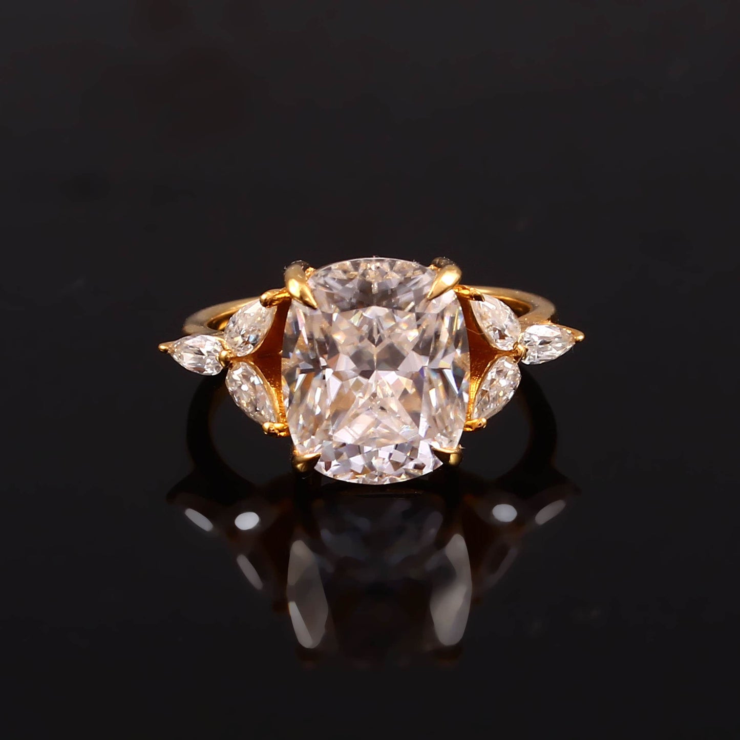5 carat ring - Solid Gold Cushion Moissanite Ring - Cushion & Side Pear Moissanite Ring