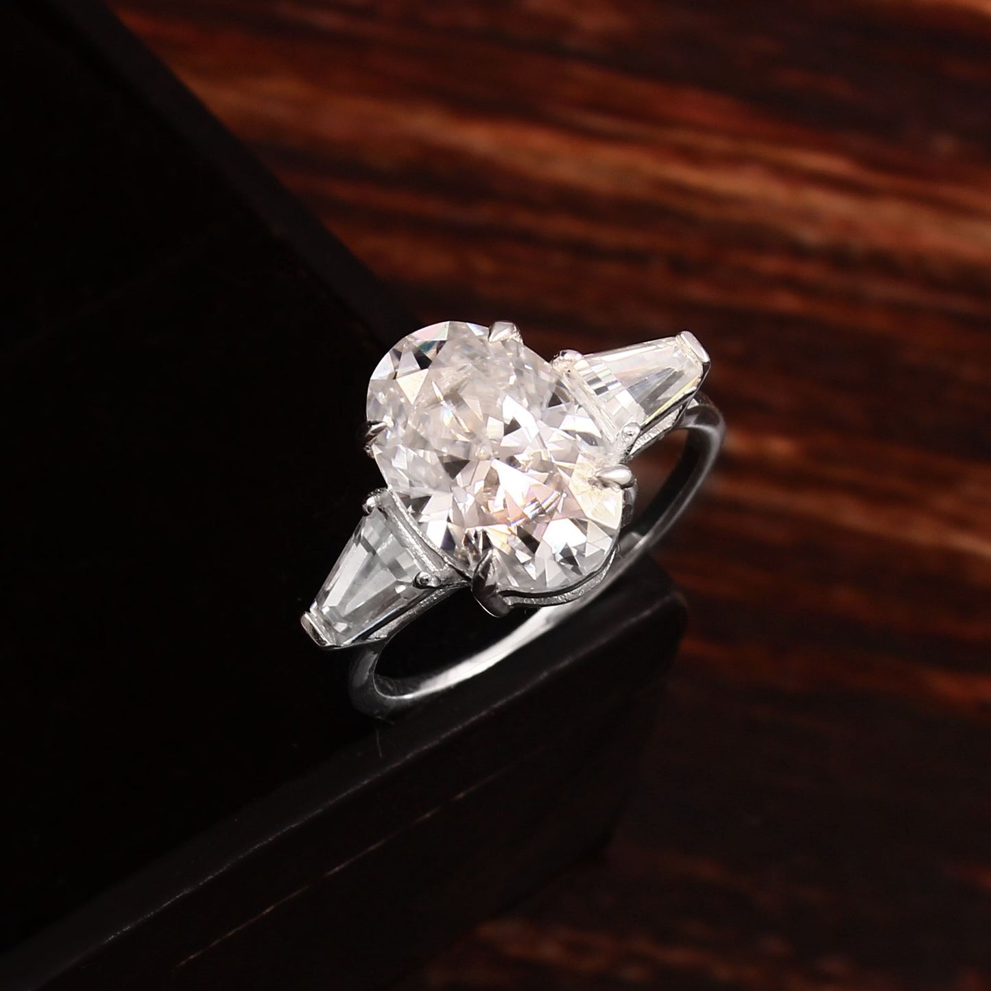Oval Moissanite diamond Ring With Tapered Baguette Stone Ring