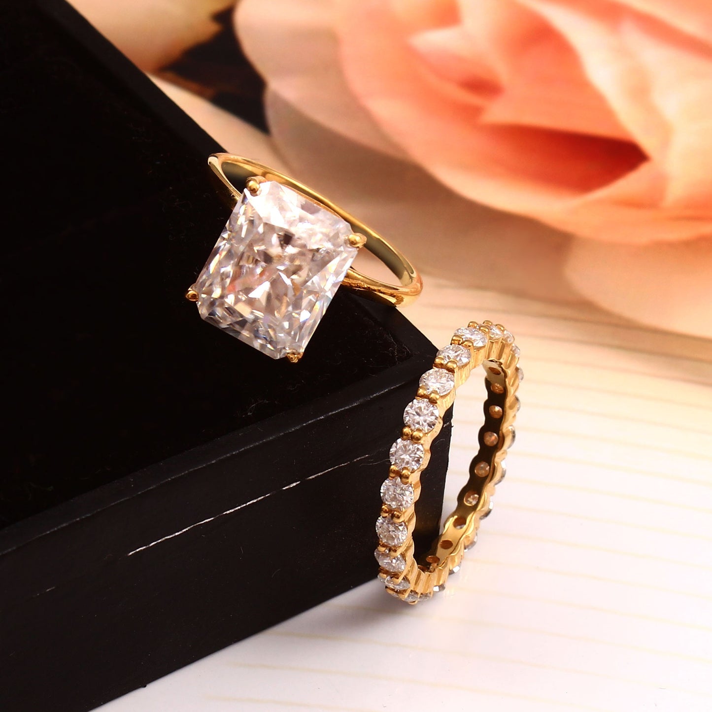 Radiant Moissanite Gold Ring with infinity band -  Moissanite Bridal Wedding Ring Set - 2 ring set
