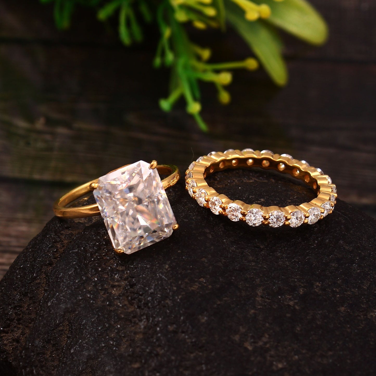 Radiant Moissanite Gold Ring with infinity band -  Moissanite Bridal Wedding Ring Set - 2 ring set