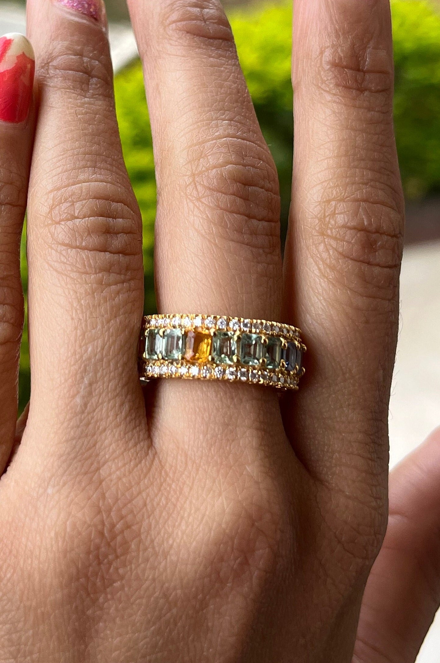 Rainbow Sapphire Round Ring With Lab Diamonds