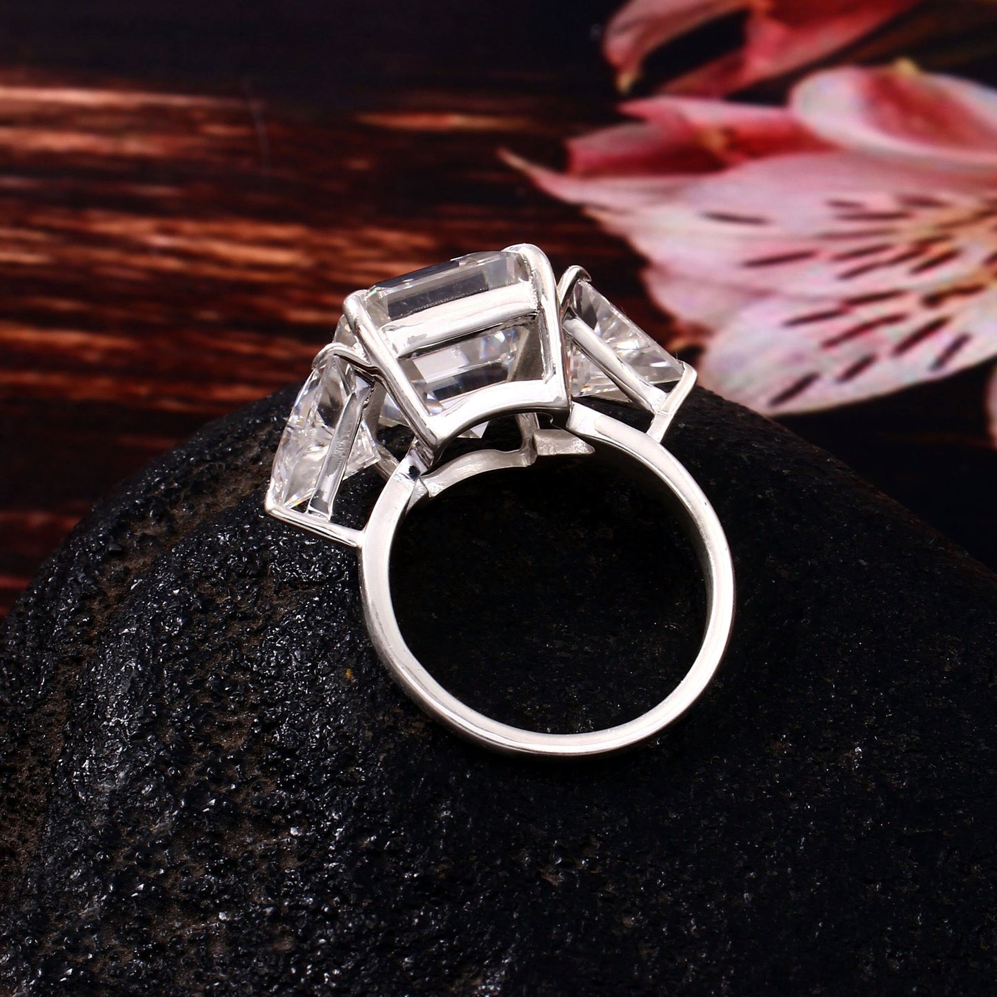 Big Asscher Moissanite With Triangle Side Stone Ring