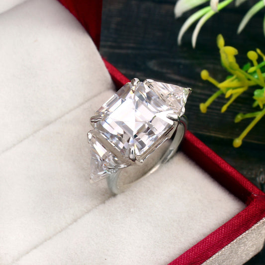 Big Asscher Moissanite With Triangle Side Stone Ring