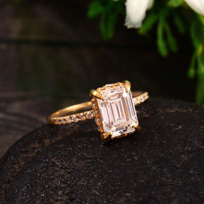 Emerald Cut Lab Diamond Ring with hidden halo