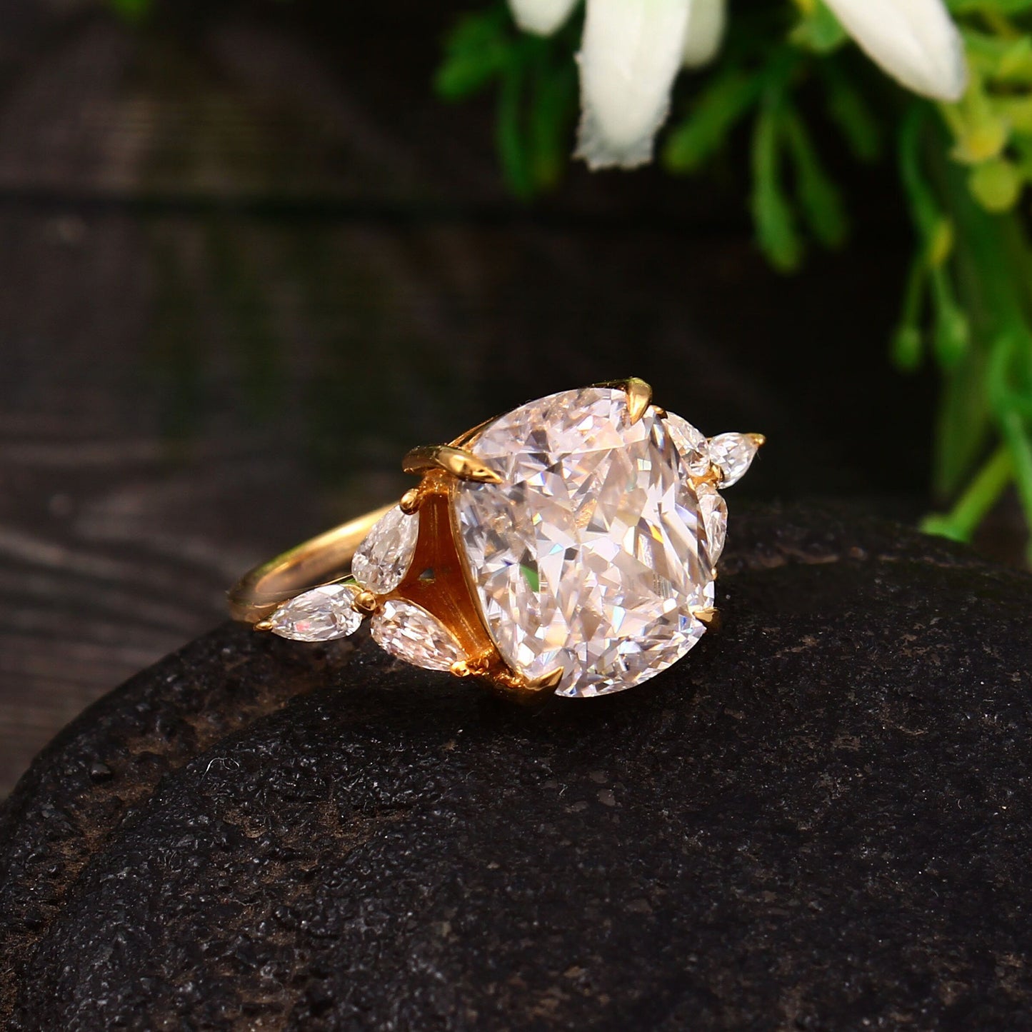 5 carat ring - Solid Gold Cushion Moissanite Ring - Cushion & Side Pear Moissanite Ring