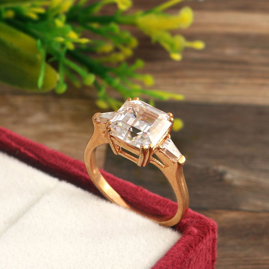 Three Stone Moissanite Ring with Trapezoid sides- Asscher cut ring - Krupps Cut ring