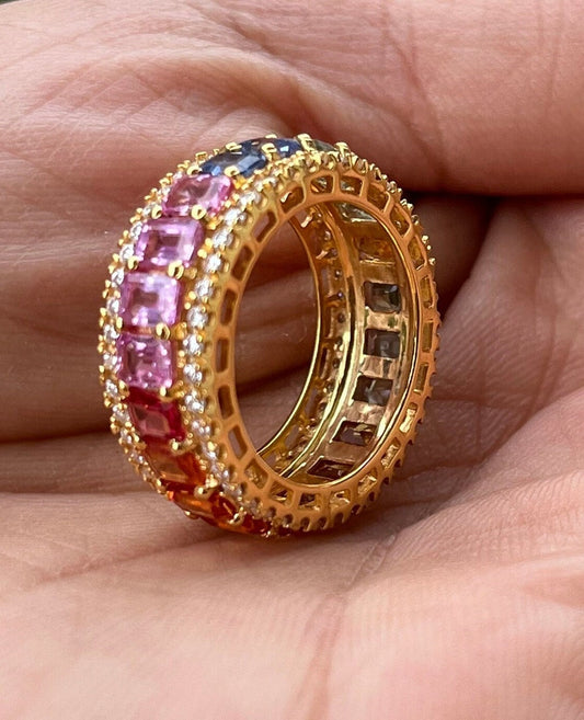 Rainbow Sapphire Round Ring With Lab Diamonds