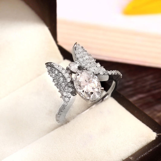 Wing shaped Oval Moissanite Ring - Solid Gold ring