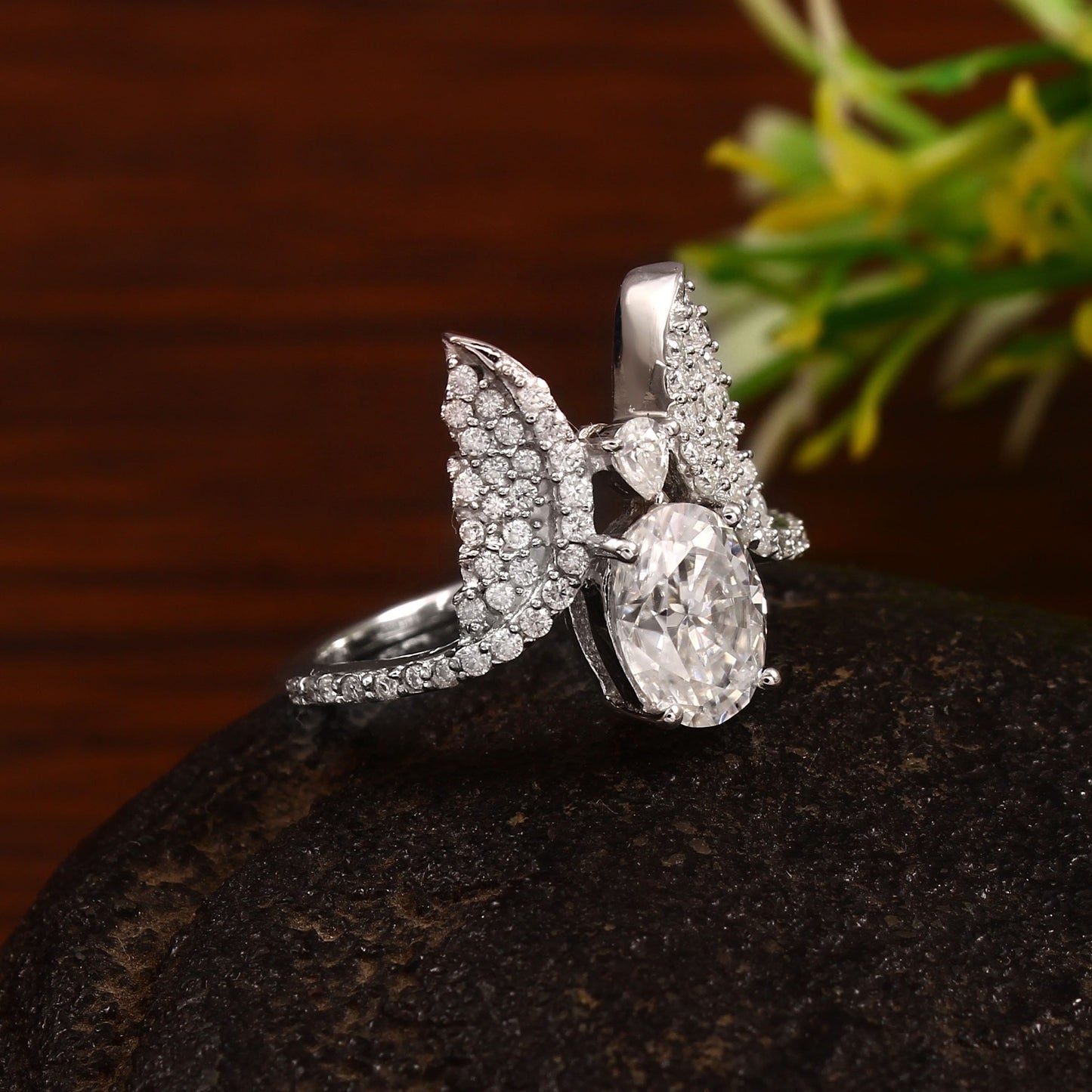 Wing shaped Oval Moissanite Ring - Solid Gold ring