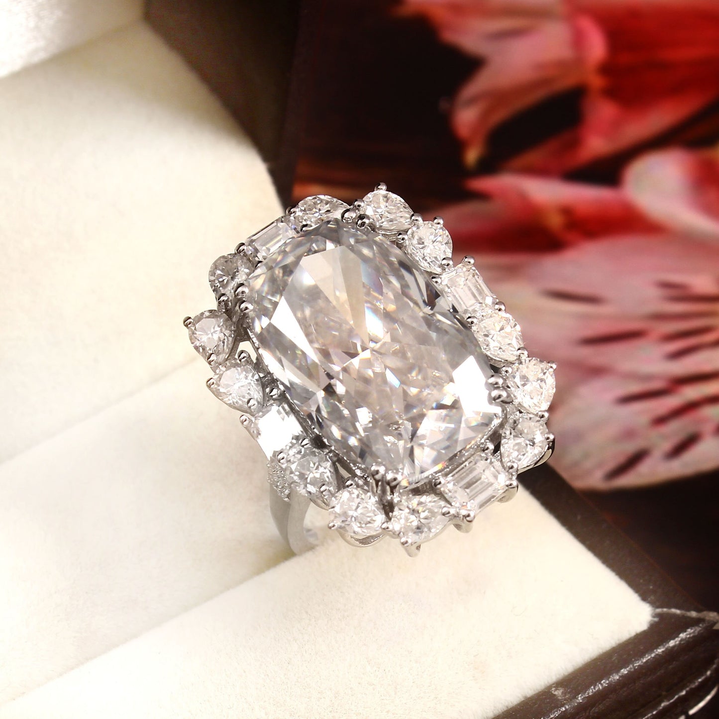 Elongated Cushion Moissanite Solid Gold Ring - Victorian style grand engagement ring