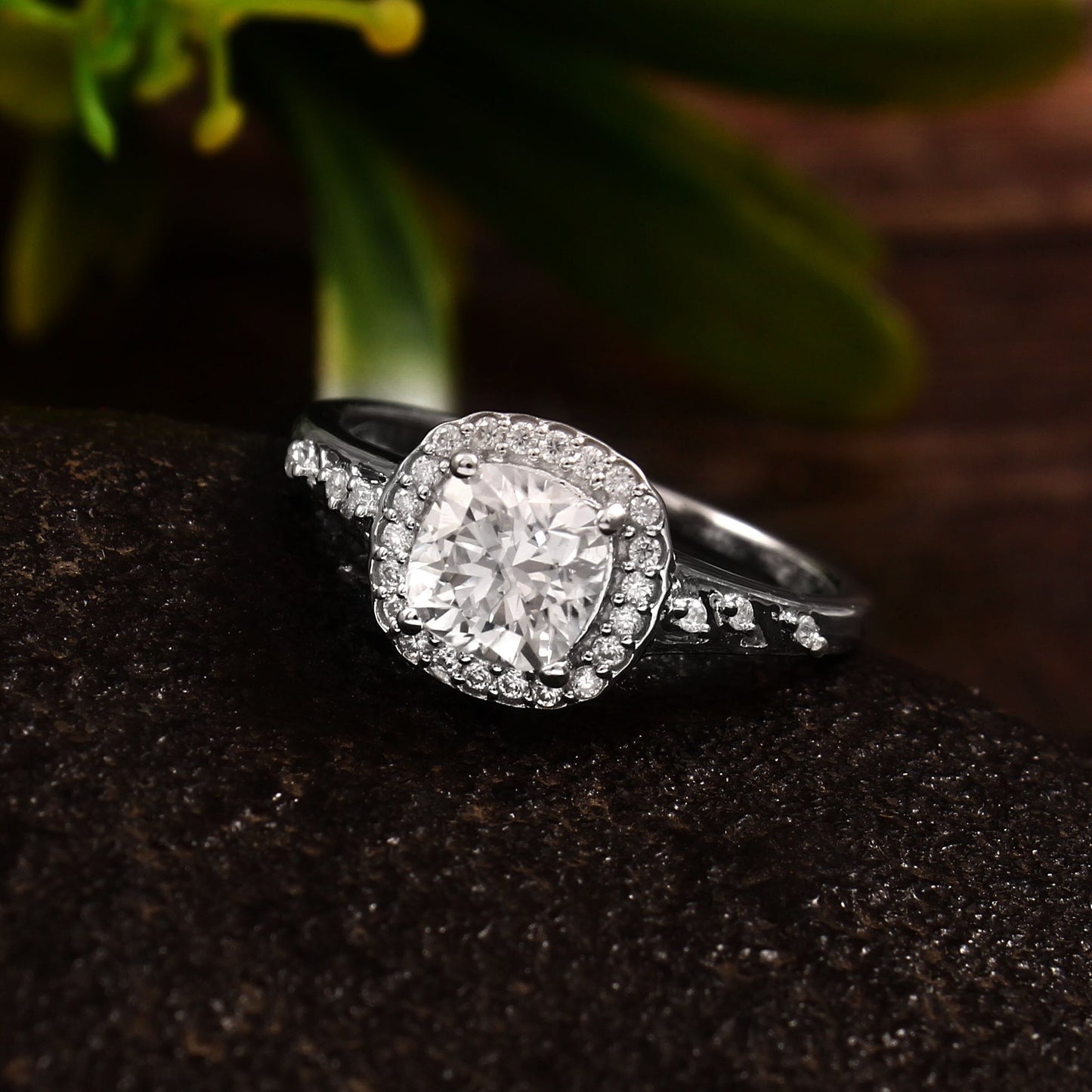 1 carat Cushion Moissanite Ring with pave stones