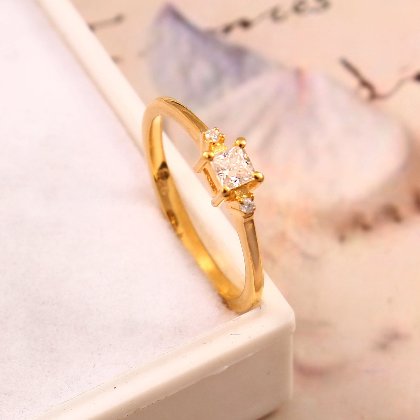 Three Stone Ring- Princess Cut Lab diamond gold ring