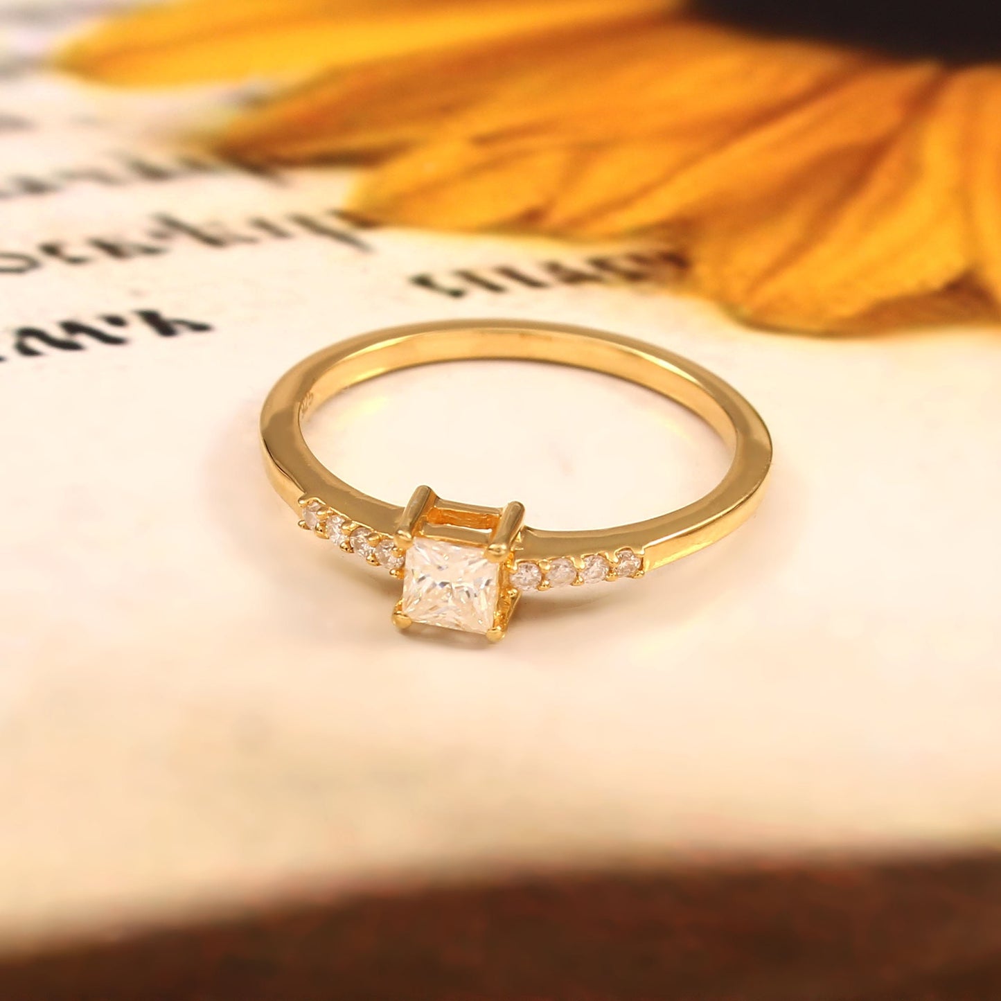 Dainty princess moissanite solitaire gold ring