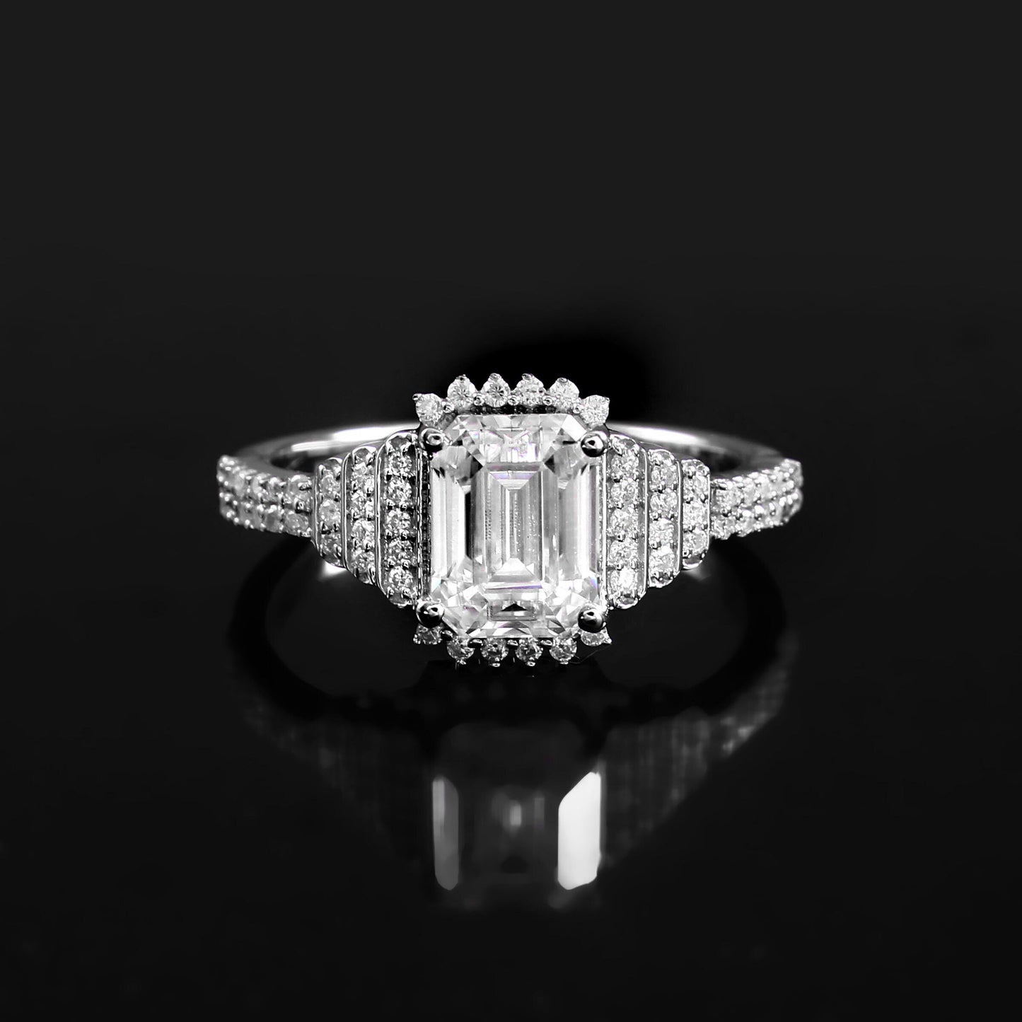 Emerald cut Solitaire Diamond Ring with layered shank
