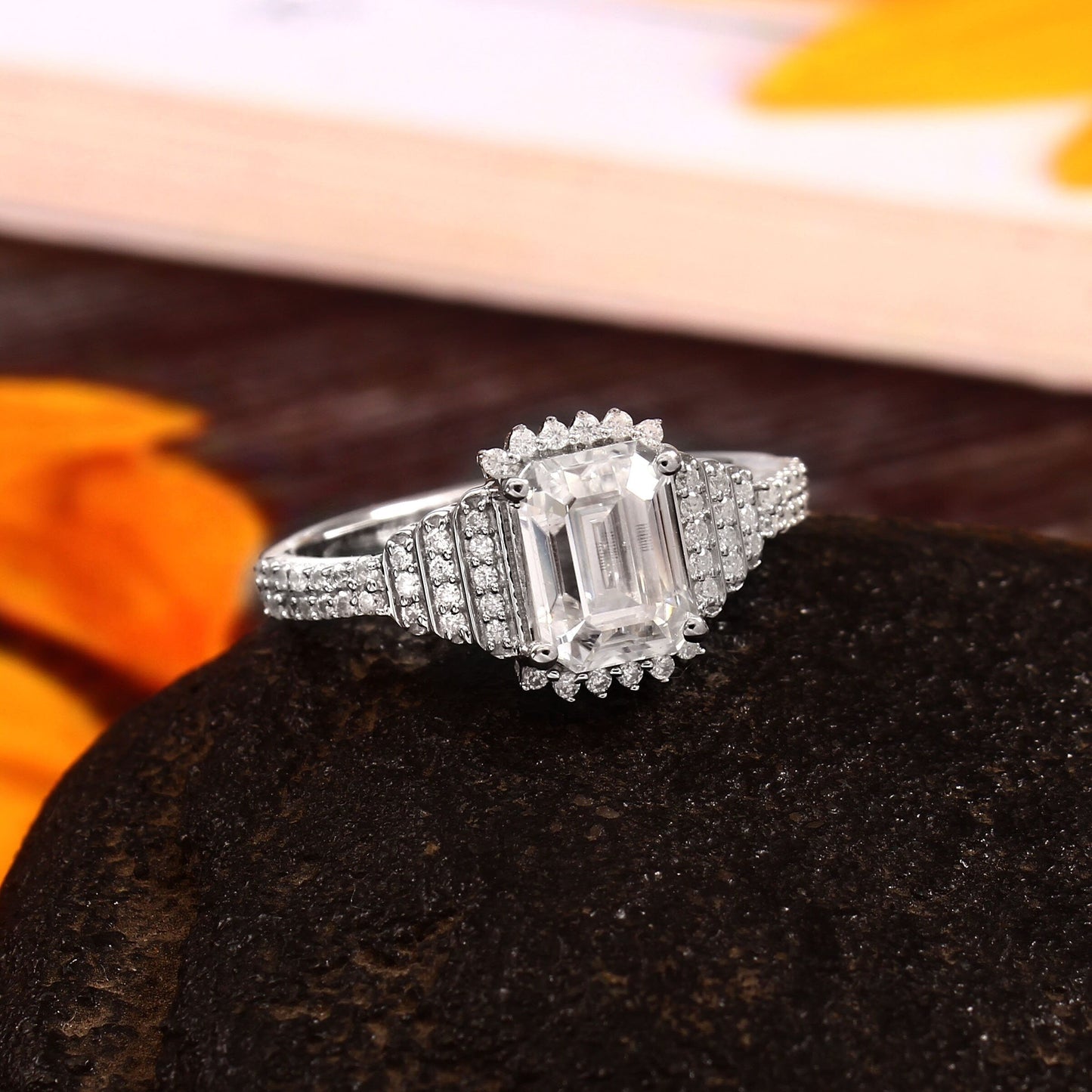 Emerald cut Solitaire Diamond Ring with layered shank