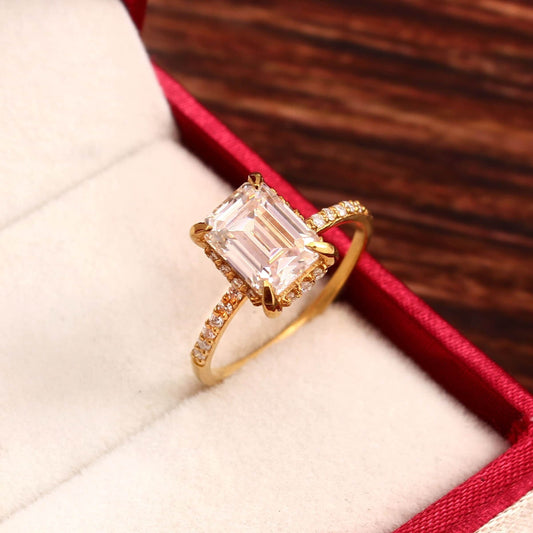 Emerald Cut Lab Diamond Ring with hidden halo